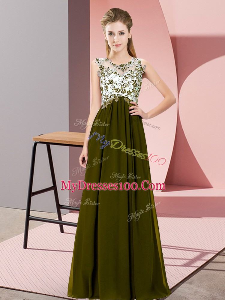 Olive Green Zipper Scoop Beading and Appliques Bridesmaids Dress Chiffon Sleeveless