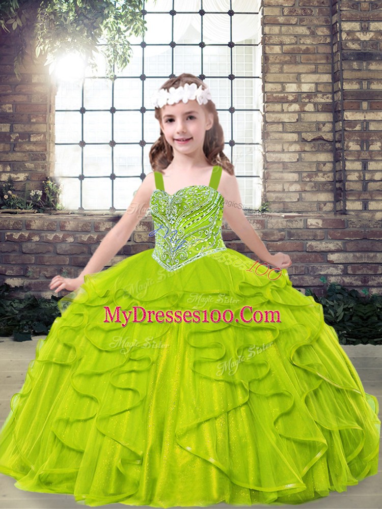 Floor Length Pageant Gowns For Girls Tulle Sleeveless Beading and Ruffles