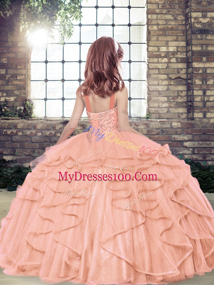 Floor Length Pageant Gowns For Girls Tulle Sleeveless Beading and Ruffles