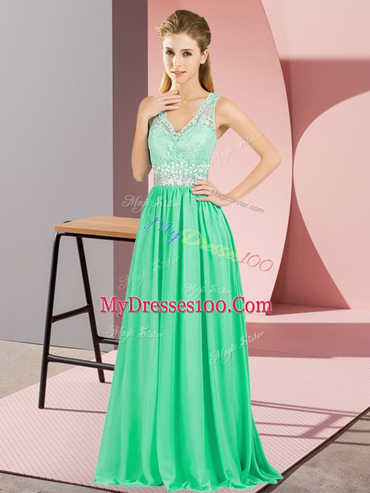 Apple Green Chiffon Backless V-neck Sleeveless Floor Length Prom Evening Gown Beading and Lace and Appliques
