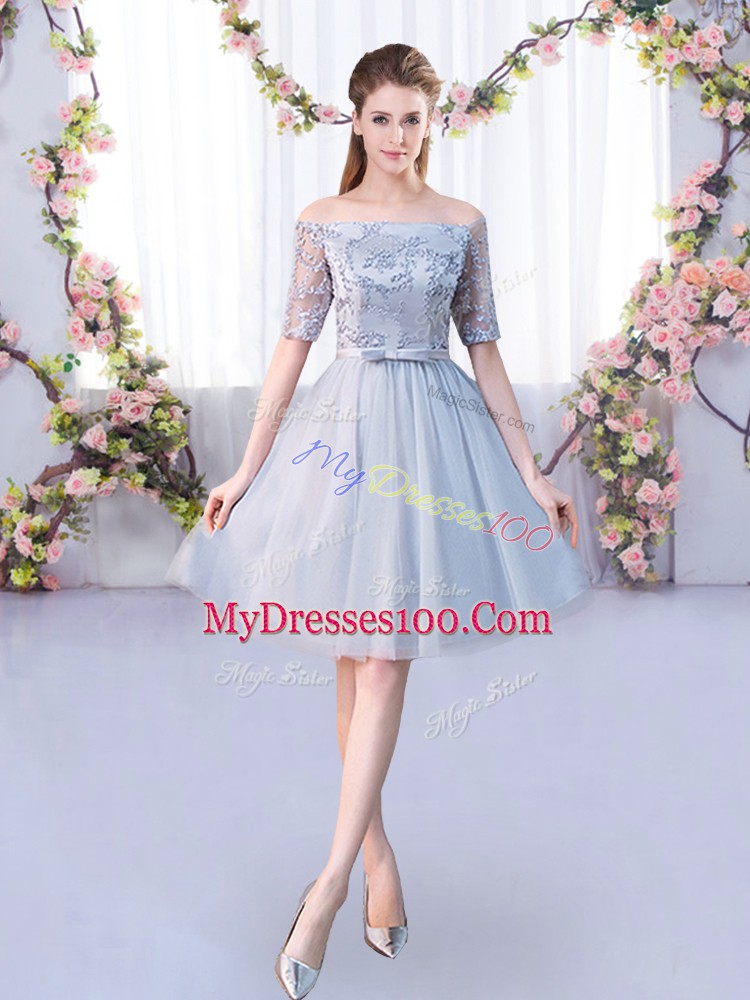 Enchanting Grey Short Sleeves Tulle Lace Up Wedding Guest Dresses for Wedding Party