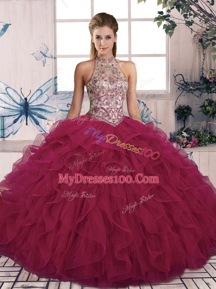 Burgundy Ball Gowns Beading and Ruffles Quinceanera Dress Lace Up Tulle Sleeveless Floor Length
