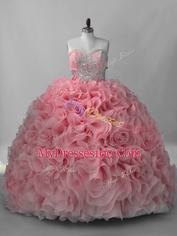 Simple Pink Sleeveless Beading Lace Up Quinceanera Dress