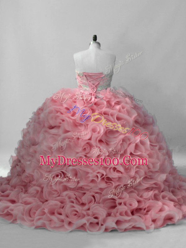 Simple Pink Sleeveless Beading Lace Up Quinceanera Dress