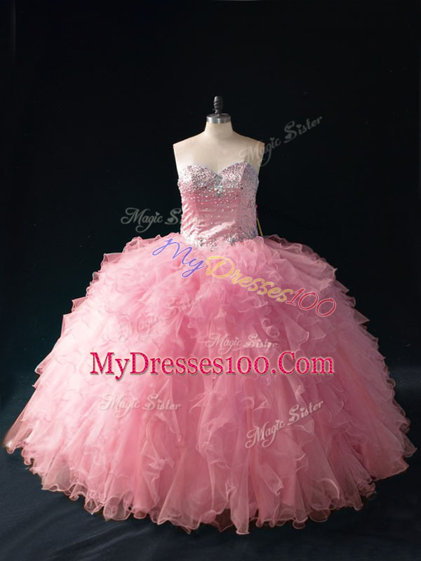 Colorful Sleeveless Floor Length Beading and Ruffles Lace Up Sweet 16 Dress with Pink