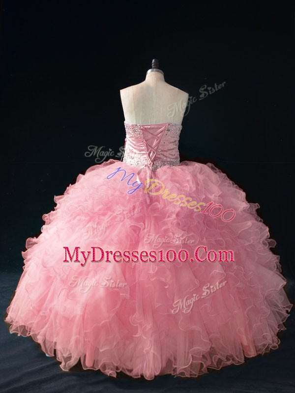 Colorful Sleeveless Floor Length Beading and Ruffles Lace Up Sweet 16 Dress with Pink