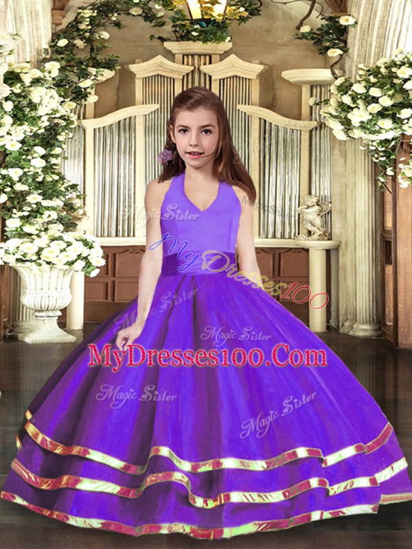 Customized Sleeveless Organza Floor Length Lace Up Kids Pageant Dress in Purple with Ruffled Layers