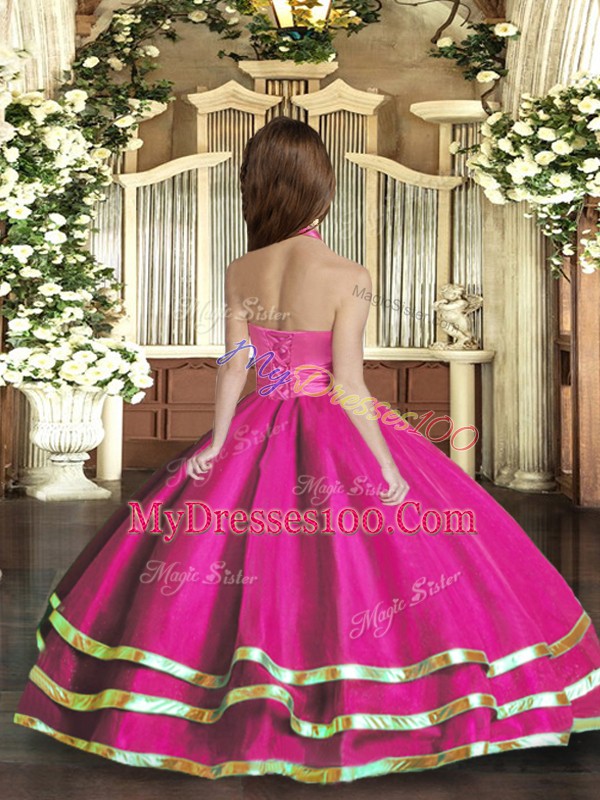 Customized Sleeveless Organza Floor Length Lace Up Kids Pageant Dress in Purple with Ruffled Layers