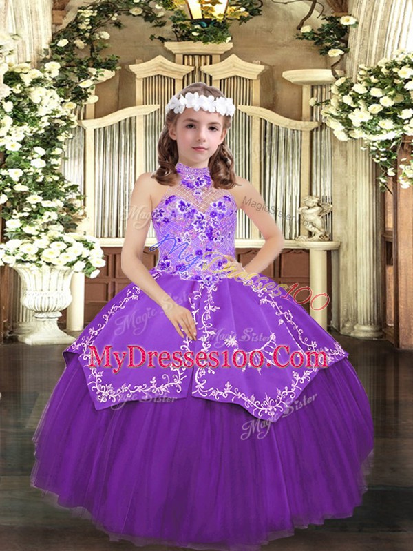 Floor Length Eggplant Purple Little Girls Pageant Gowns Tulle Sleeveless Embroidery