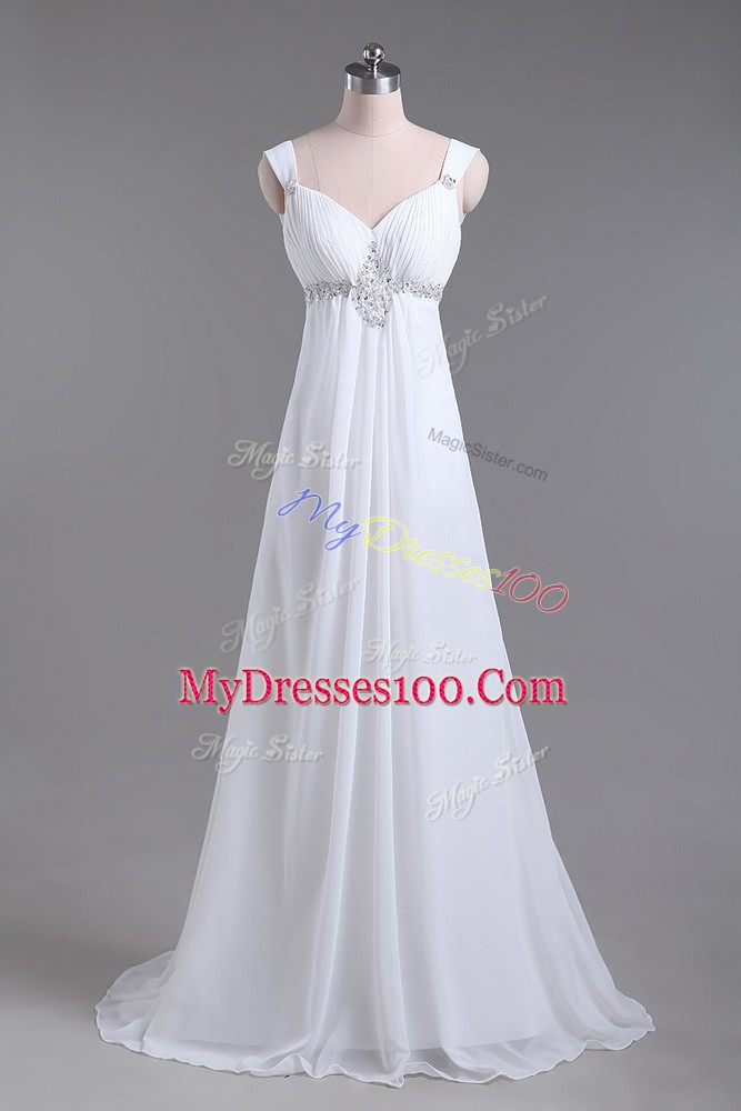Suitable White Straps Lace Up Beading Wedding Gown Brush Train Sleeveless