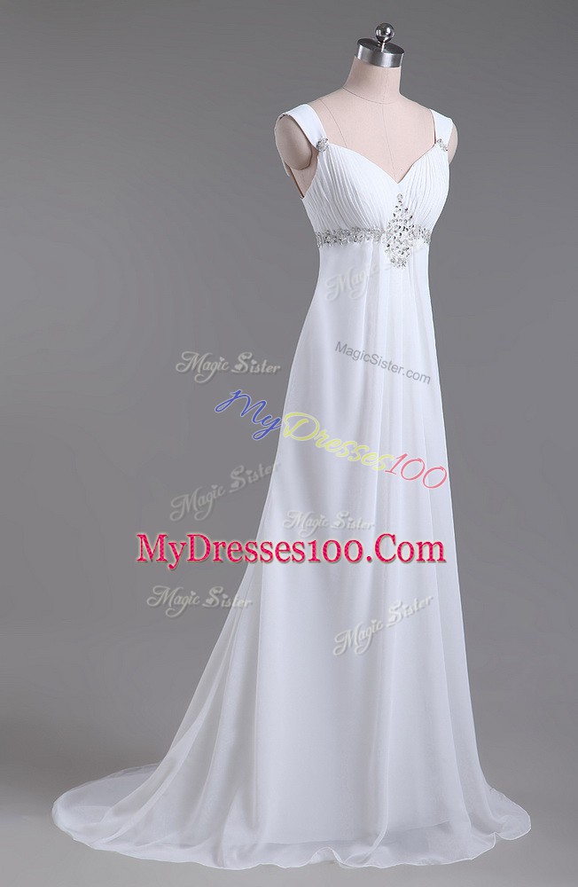 Suitable White Straps Lace Up Beading Wedding Gown Brush Train Sleeveless