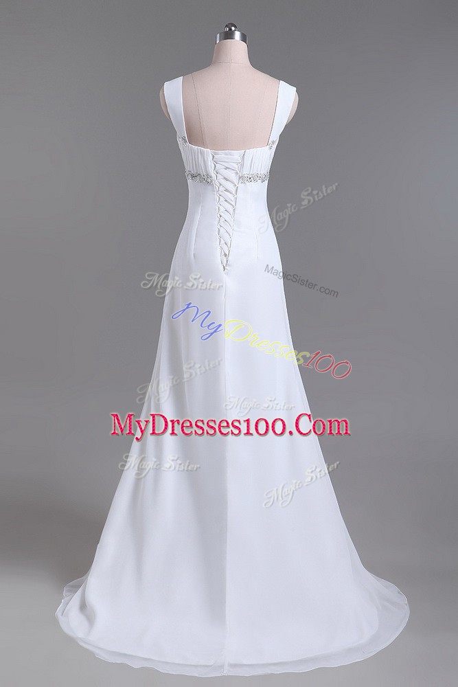 Suitable White Straps Lace Up Beading Wedding Gown Brush Train Sleeveless