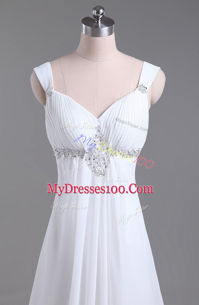 Suitable White Straps Lace Up Beading Wedding Gown Brush Train Sleeveless