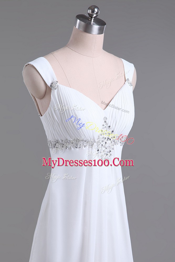 Suitable White Straps Lace Up Beading Wedding Gown Brush Train Sleeveless