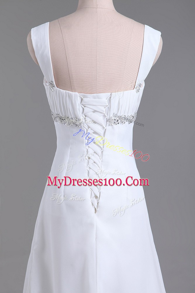 Suitable White Straps Lace Up Beading Wedding Gown Brush Train Sleeveless