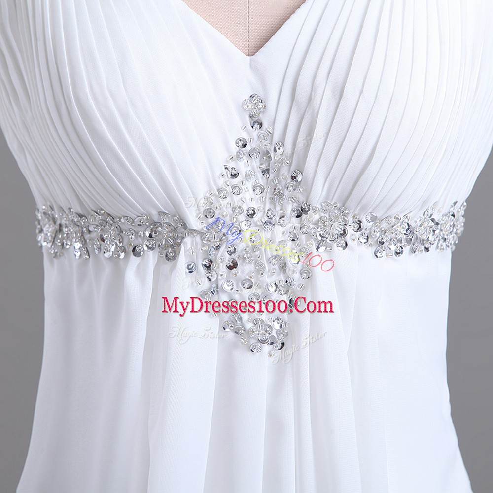 Suitable White Straps Lace Up Beading Wedding Gown Brush Train Sleeveless
