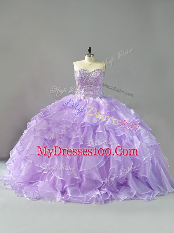 Beauteous Sweetheart Sleeveless Organza Quinceanera Gowns Beading and Ruffles Brush Train Lace Up