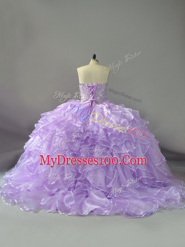 Beauteous Sweetheart Sleeveless Organza Quinceanera Gowns Beading and Ruffles Brush Train Lace Up
