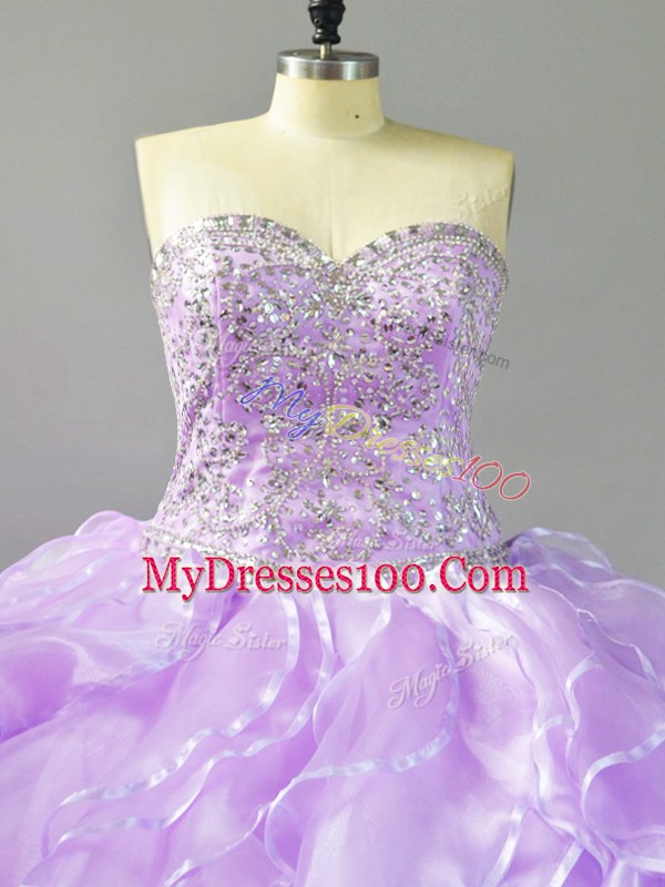 Beauteous Sweetheart Sleeveless Organza Quinceanera Gowns Beading and Ruffles Brush Train Lace Up