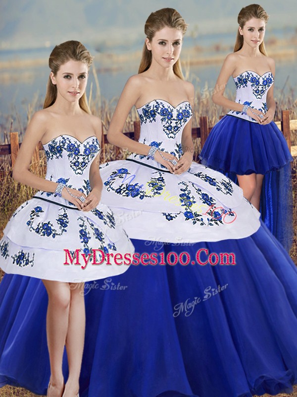 Royal Blue Tulle Lace Up Sweetheart Sleeveless Floor Length Quince Ball Gowns Embroidery and Bowknot