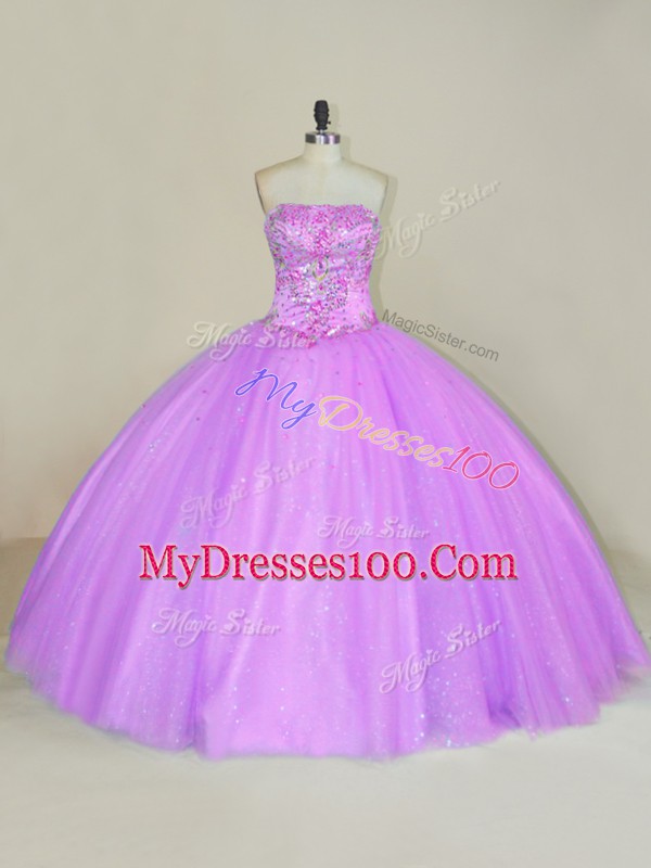 Colorful Lilac Ball Gowns Tulle Strapless Sleeveless Sequins Floor Length Lace Up Quince Ball Gowns