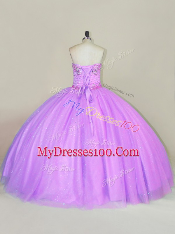 Colorful Lilac Ball Gowns Tulle Strapless Sleeveless Sequins Floor Length Lace Up Quince Ball Gowns