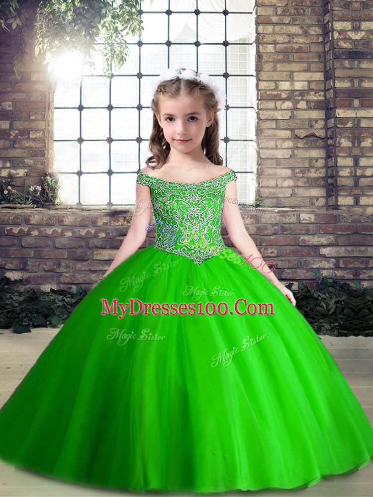 Ball Gowns Off The Shoulder Sleeveless Tulle Floor Length Lace Up Beading Little Girl Pageant Gowns
