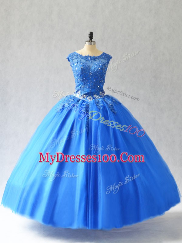 Fashionable Sleeveless Tulle Floor Length Lace Up Quinceanera Dresses in Blue with Beading and Appliques