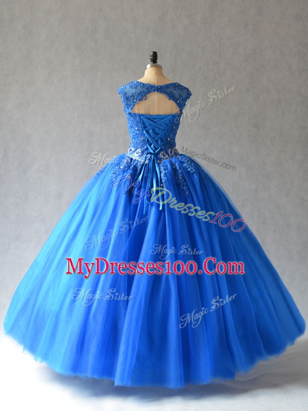 Fashionable Sleeveless Tulle Floor Length Lace Up Quinceanera Dresses in Blue with Beading and Appliques