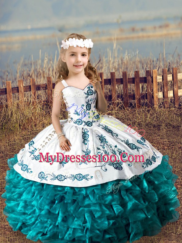 Elegant Teal Straps Lace Up Embroidery and Ruffles Pageant Dress Womens Sleeveless