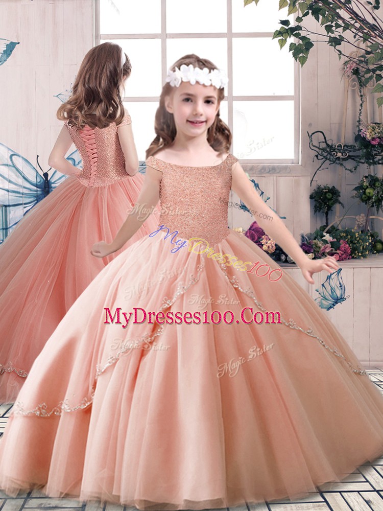 Perfect Peach Little Girls Pageant Dress Wholesale Party and Sweet 16 and Wedding Party with Beading Off The Shoulder Sleeveless Lace Up
