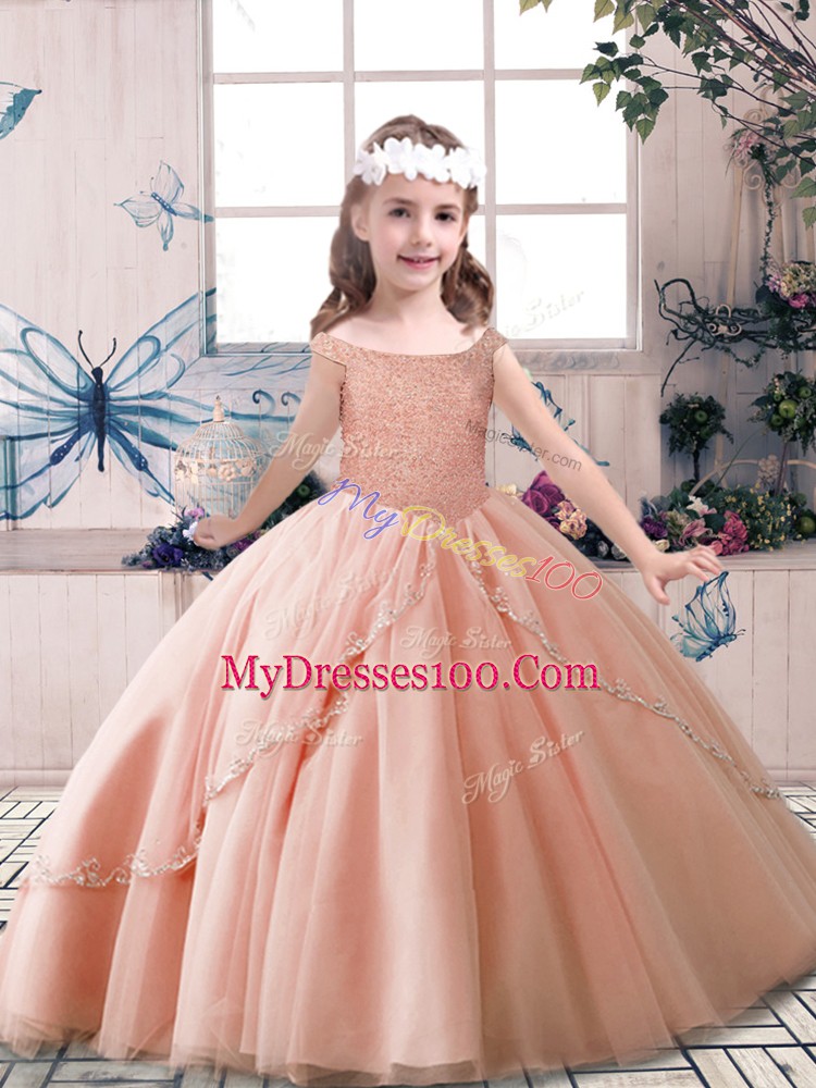 Perfect Peach Little Girls Pageant Dress Wholesale Party and Sweet 16 and Wedding Party with Beading Off The Shoulder Sleeveless Lace Up