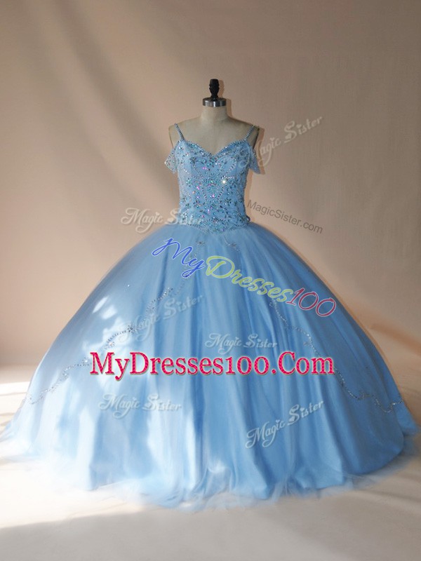 Blue and Light Blue Ball Gowns Tulle V-neck Sleeveless Beading Lace Up Sweet 16 Quinceanera Dress Brush Train
