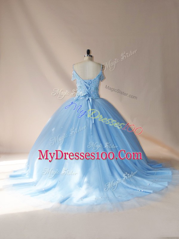 Blue and Light Blue Ball Gowns Tulle V-neck Sleeveless Beading Lace Up Sweet 16 Quinceanera Dress Brush Train