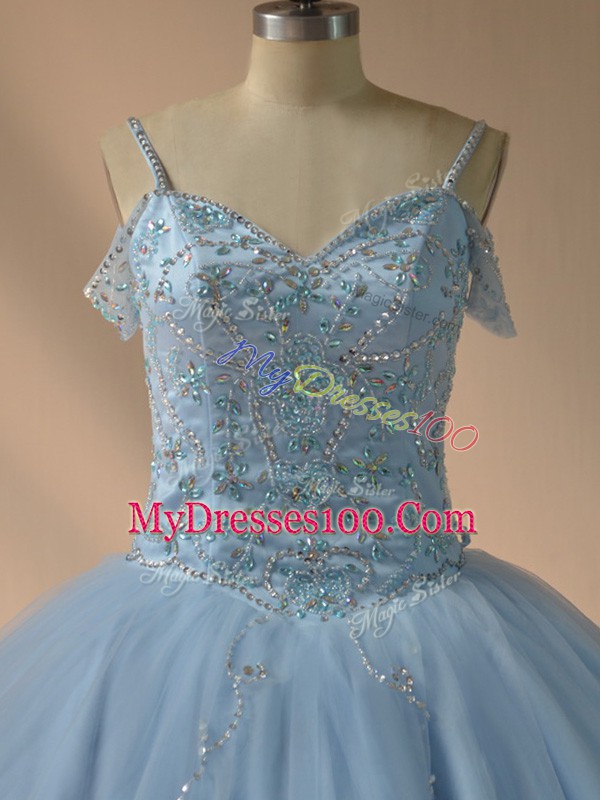 Blue and Light Blue Ball Gowns Tulle V-neck Sleeveless Beading Lace Up Sweet 16 Quinceanera Dress Brush Train