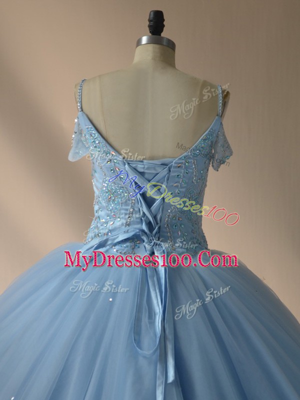Blue and Light Blue Ball Gowns Tulle V-neck Sleeveless Beading Lace Up Sweet 16 Quinceanera Dress Brush Train