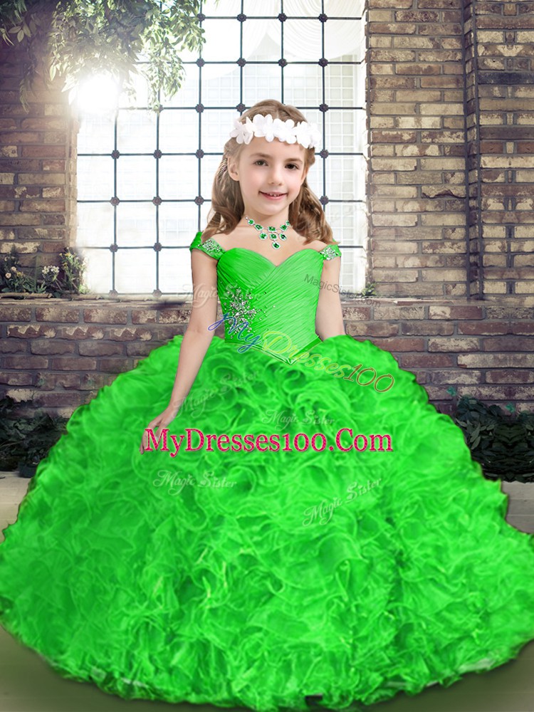 Low Price Green Straps Lace Up Beading and Ruffles Little Girl Pageant Gowns Sleeveless