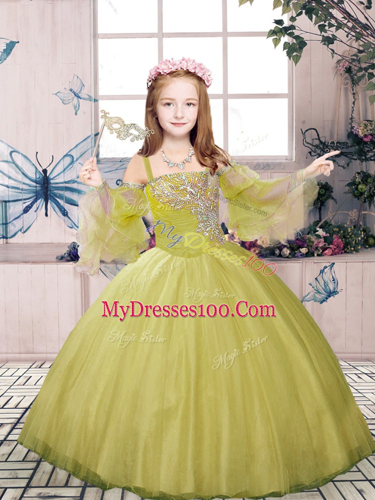 Floor Length Olive Green Girls Pageant Dresses Straps Sleeveless Lace Up