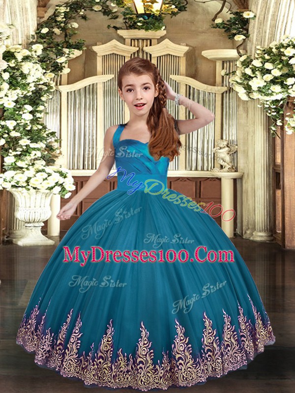 Teal Lace Up Pageant Dress for Womens Appliques and Ruching Sleeveless Floor Length