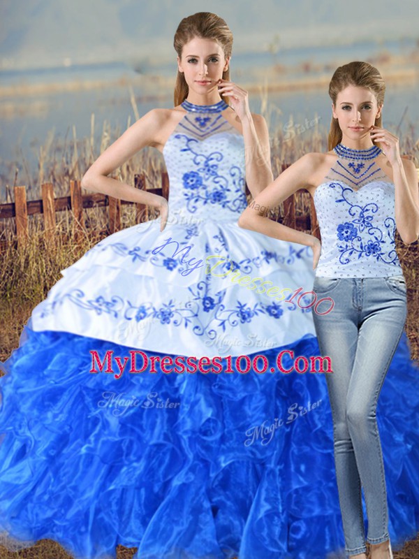 Graceful Blue And White Two Pieces Organza Halter Top Sleeveless Embroidery and Ruffles Lace Up Ball Gown Prom Dress Court Train