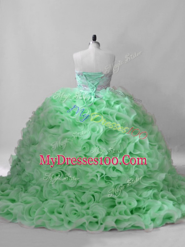 Ideal Sweetheart Sleeveless Fabric With Rolling Flowers Wedding Party Dress Beading Brush Train Lace Up