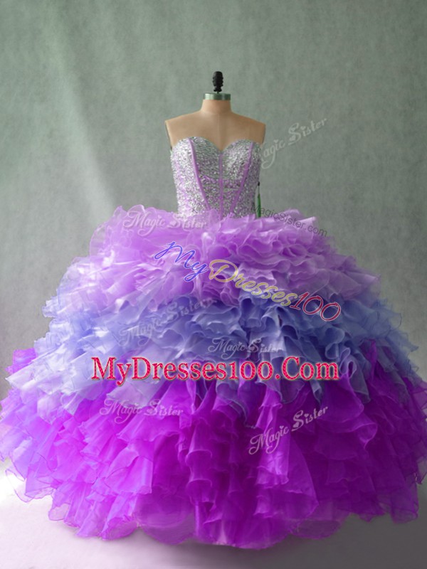Sexy Multi-color Ball Gowns Sweetheart Sleeveless Organza Floor Length Lace Up Beading and Ruffles Ball Gown Prom Dress