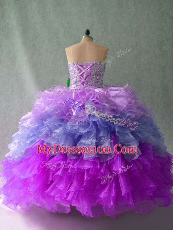 Sexy Multi-color Ball Gowns Sweetheart Sleeveless Organza Floor Length Lace Up Beading and Ruffles Ball Gown Prom Dress