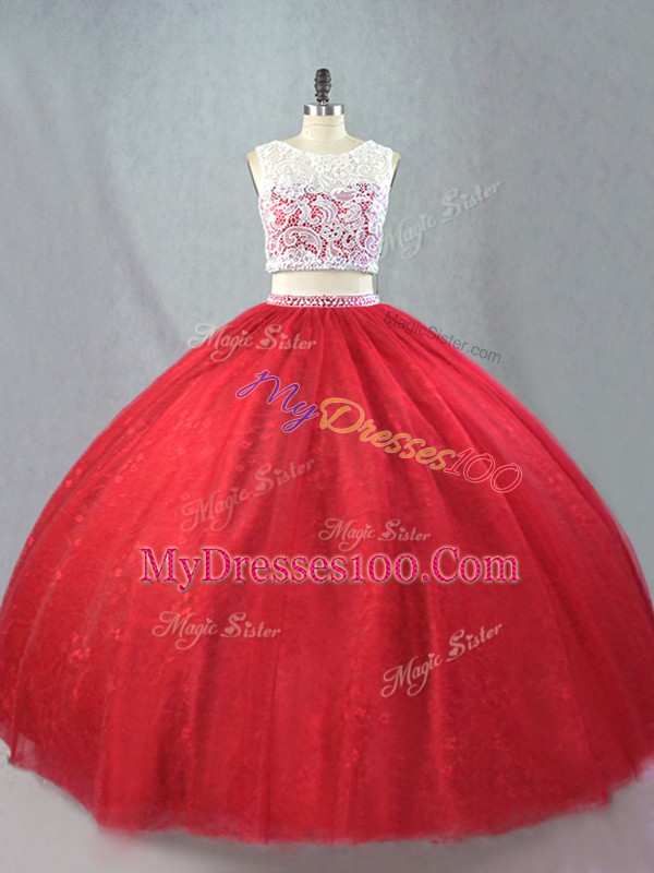 Floor Length Red Sweet 16 Dresses Tulle Sleeveless Beading and Appliques