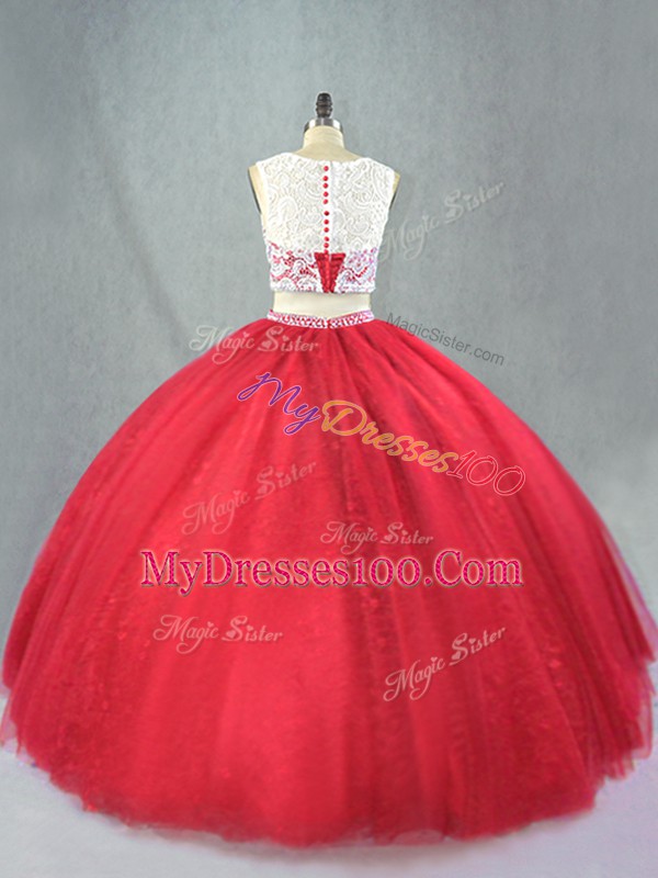 Floor Length Red Sweet 16 Dresses Tulle Sleeveless Beading and Appliques