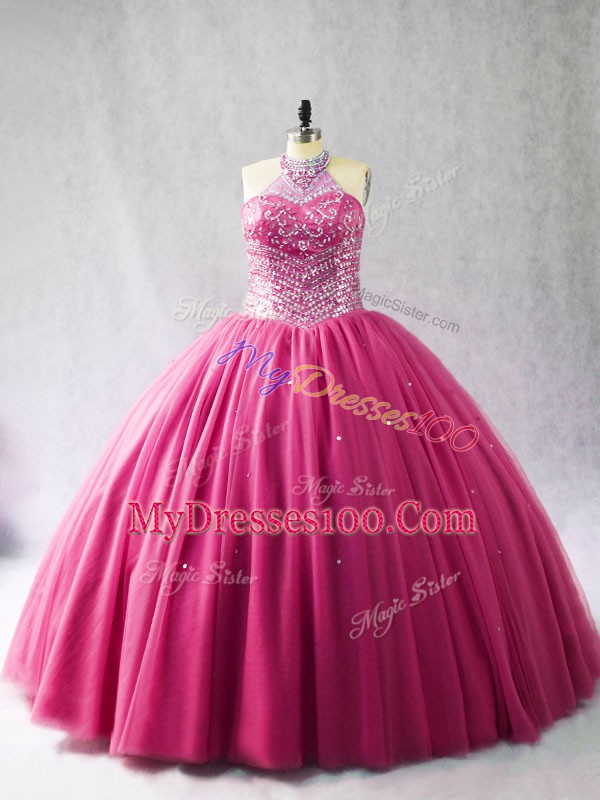 Halter Top Sleeveless Sweet 16 Quinceanera Dress Brush Train Beading Hot Pink Tulle