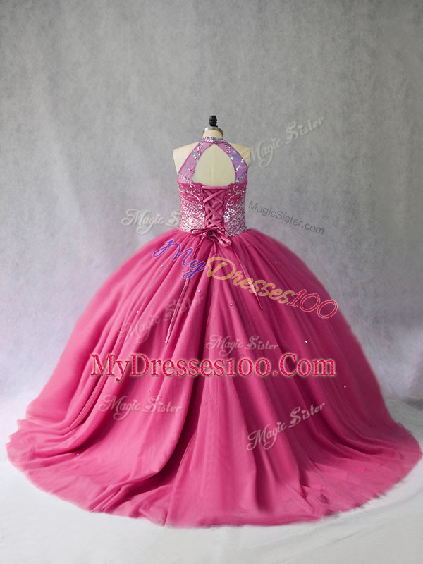 Halter Top Sleeveless Sweet 16 Quinceanera Dress Brush Train Beading Hot Pink Tulle