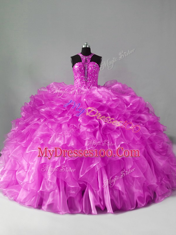 Dramatic Halter Top Sleeveless Quinceanera Dress Brush Train Beading and Ruffles Lilac Organza