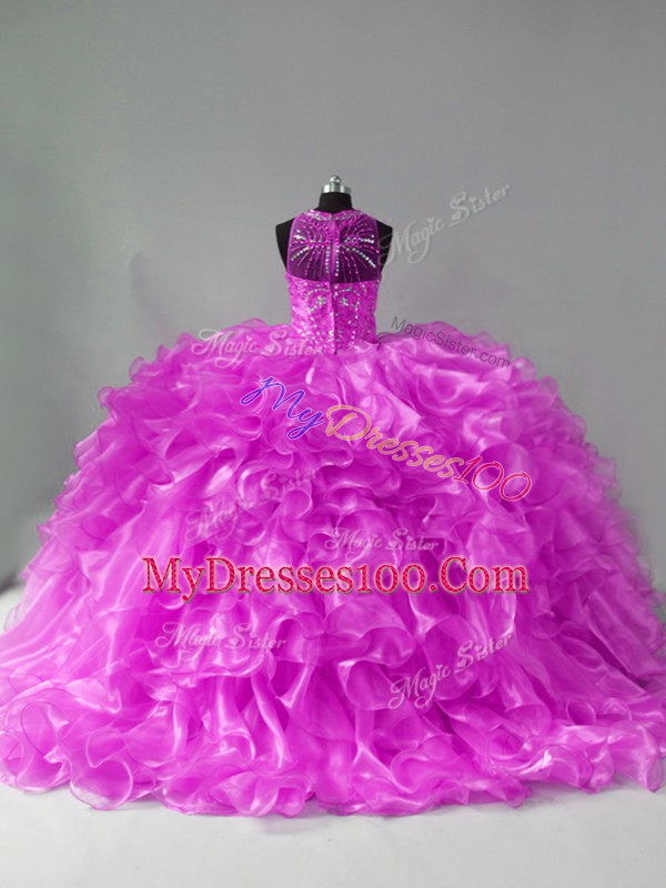 Dramatic Halter Top Sleeveless Quinceanera Dress Brush Train Beading and Ruffles Lilac Organza