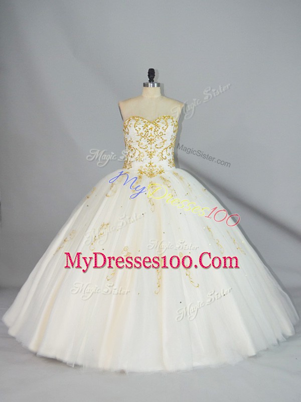 Champagne Tulle Lace Up Halter Top Sleeveless Floor Length Sweet 16 Dresses Beading